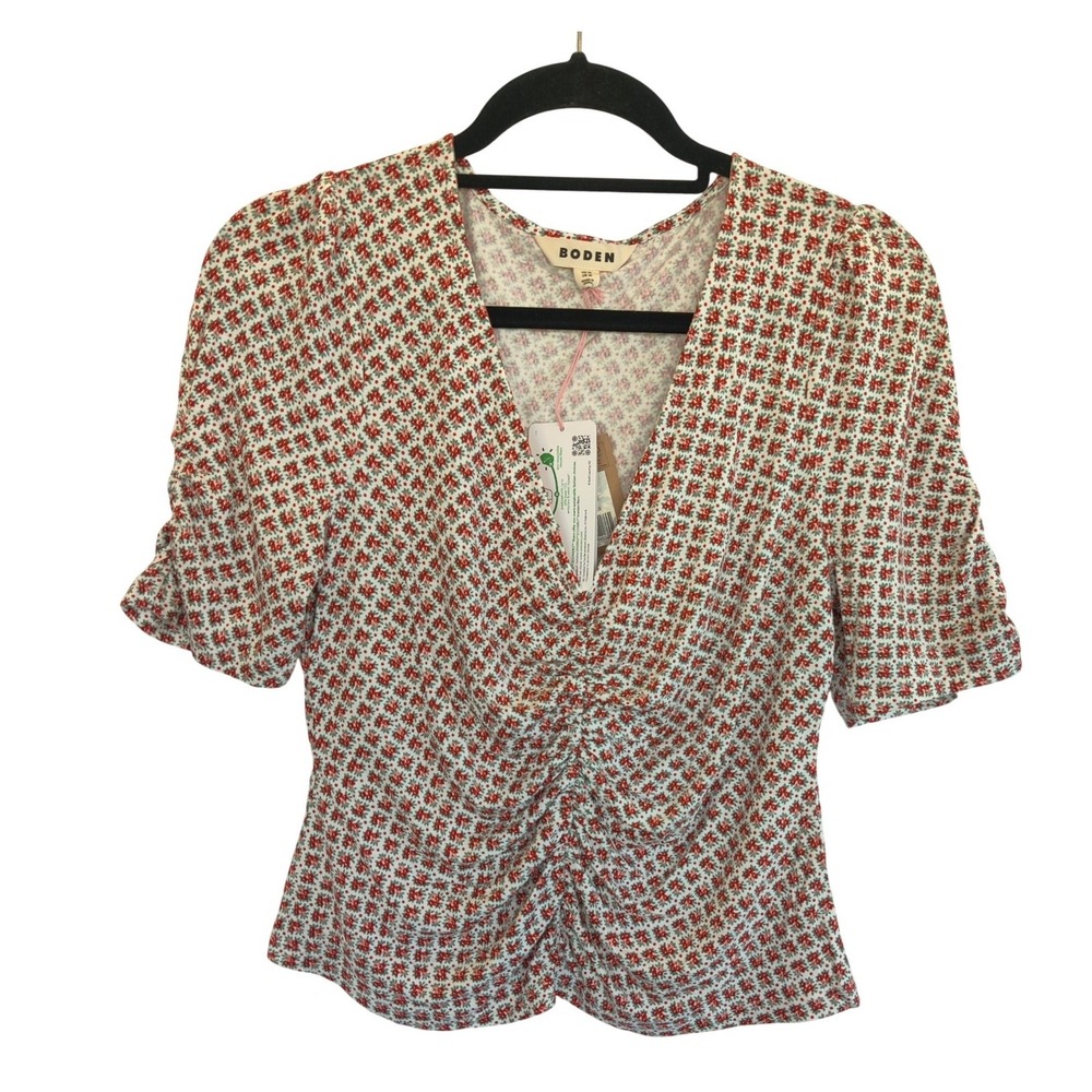 Boden Women Red Floral Ditsy Ruched V-Neck Jersey Top Sz 10 Y2K 90s Short Sleeve